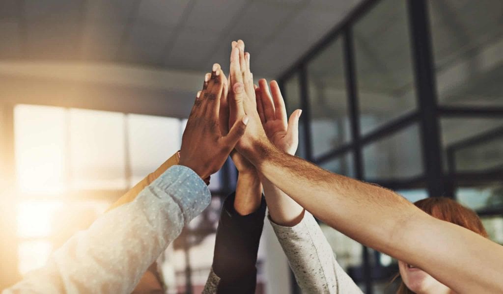 A group of colleagues giving each other a high five